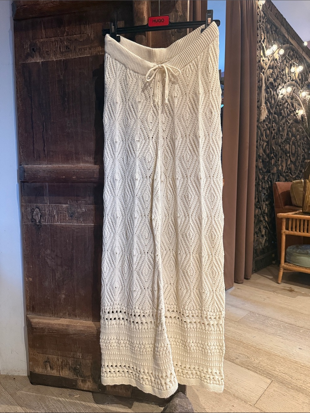 By Anthropologie Cream Crocheted Wide-Leg Pants with Drawstring Waist
